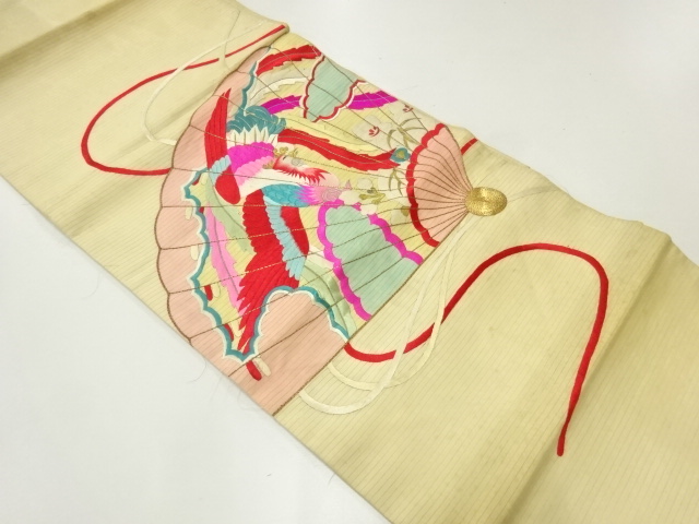 アンティーク　絽檜扇に鳳凰・桐模様刺繍名古屋帯（着用可）